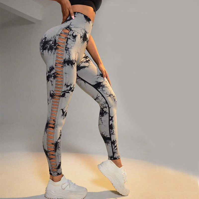 Hollow Tie-Dye Printed Yoga Pants